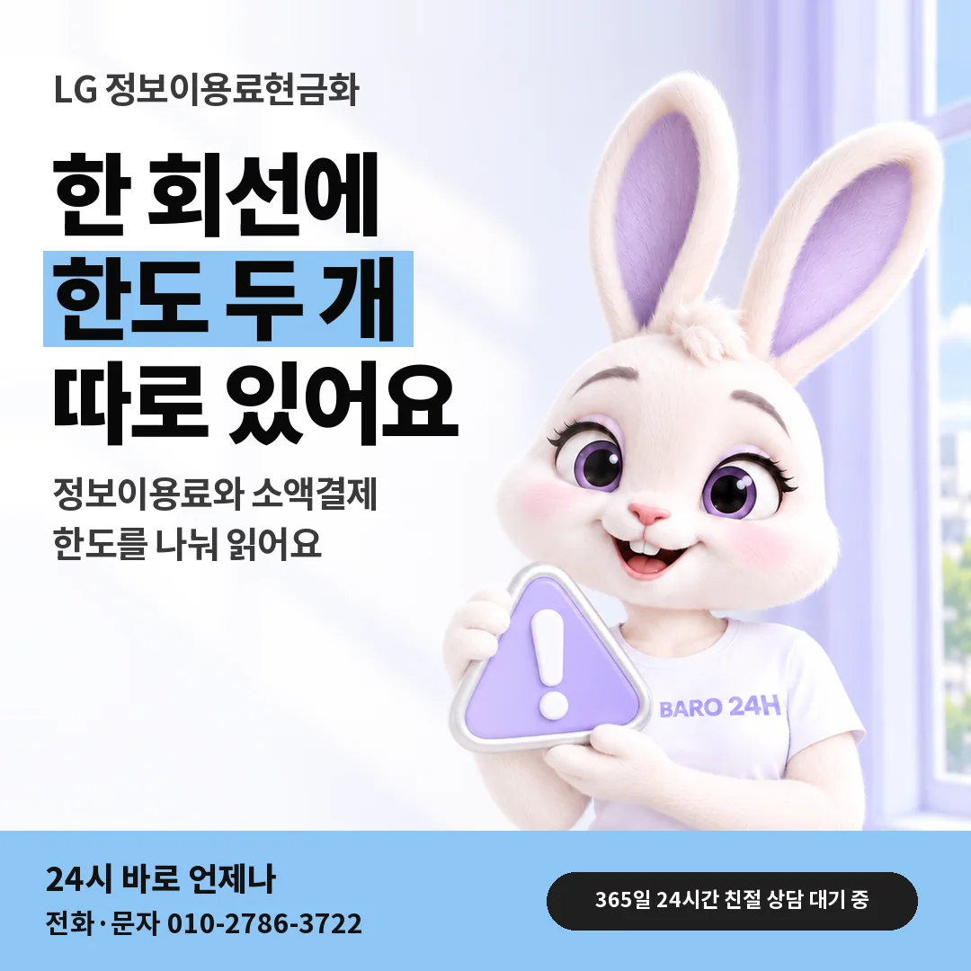주의 표지판을 든 BARO 24H 티셔츠를 입은 3D 토끼 캐릭터 옆에 「LG 한도 두 개 구별하기」 제목을 얹은 안내 카드